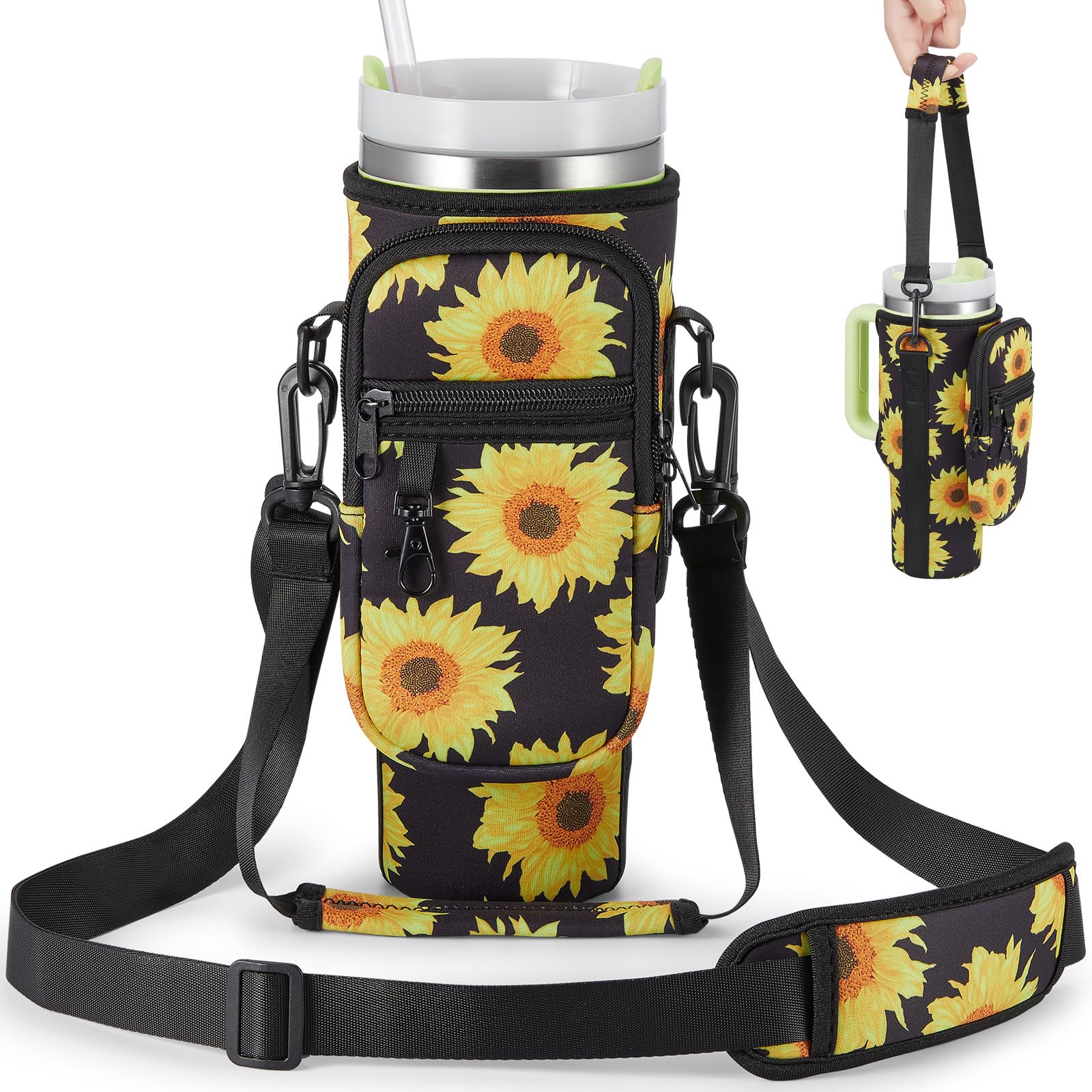 Water Bottle Carrier Bag with Phone Pocket for Stanley 40 & 30 oz Tumbler with Handle,Pink Insulated Neoprene Cup Holder Pouch w/Adjustable Strap for Quencher H2.0 Stanley Cup Accessories