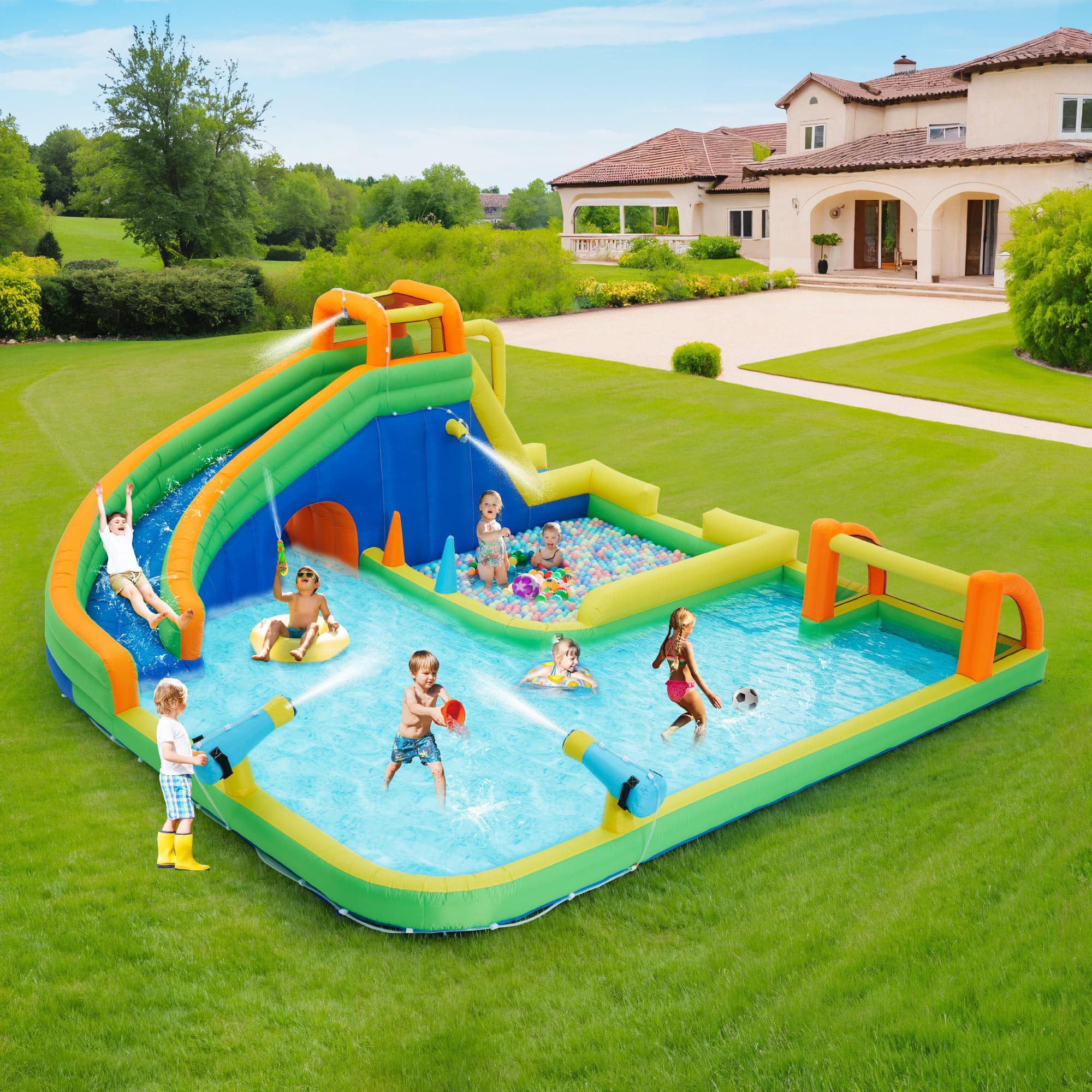 Inflatable Water Slides for Kids -Water Soccer, Dual Water Cannons, Giant Splash Pool, Blow up Water Slide Inflatables for Kids and Adults Backyard Party Gifts.