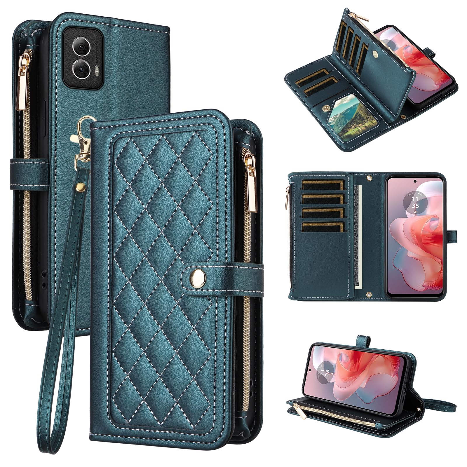 Dswteny Wallet Case for Motorola Moto G Power 5G 2024 with Wrist Strap Lanyard Flip Zipper Credit Card Holder Soft Stand Accessories Argyle Pattern