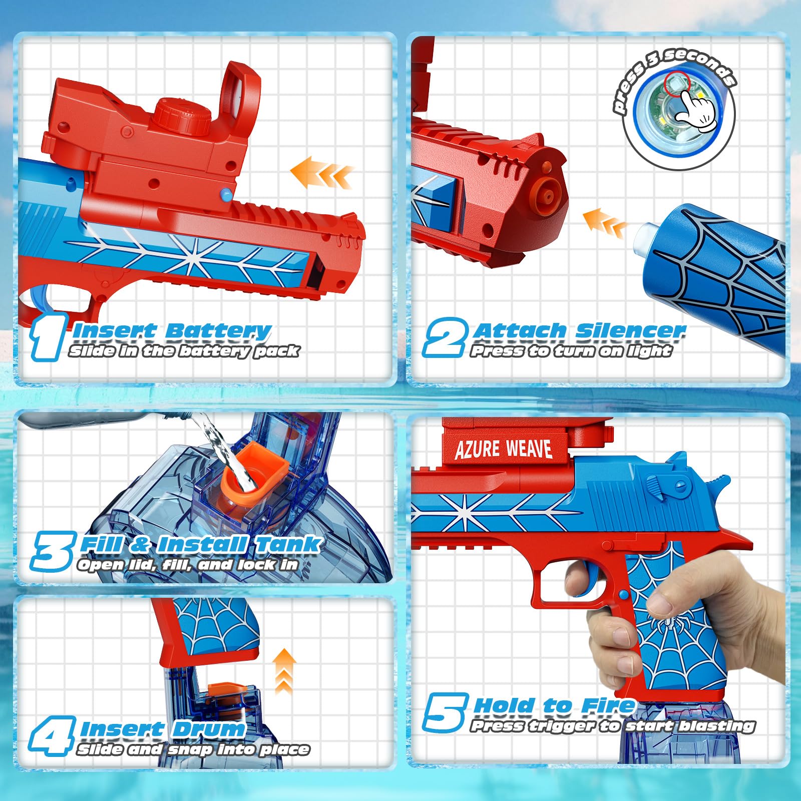 Tecnock 2026 Pistolas de Agua Eléctricas, Pack de 2 Pistolas Automáticas Recargables con Luz en la Boquilla, Alcance 8–10 m, Juguetes de Agua para Niños y Adultos, Piscina, Playa y Jardín