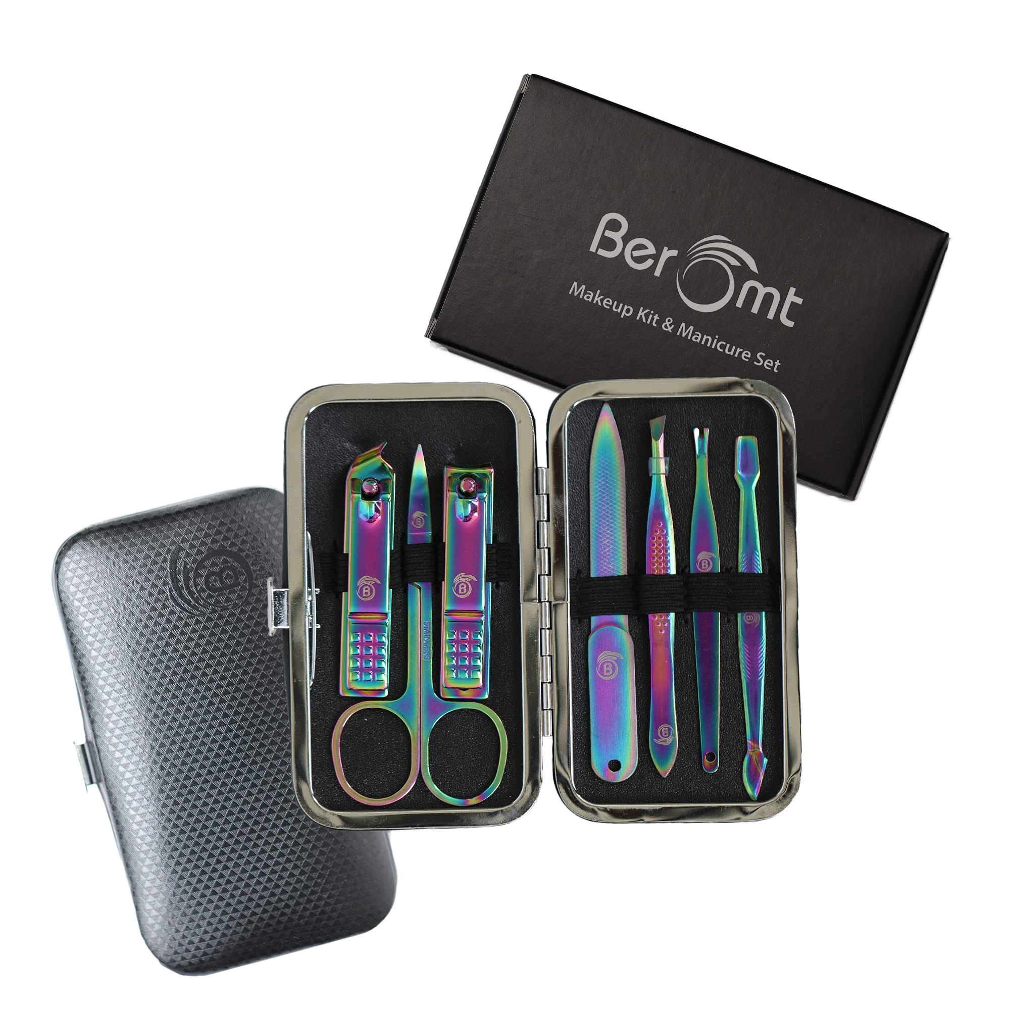 Beromt 7 IN 1 Manicure Set Pedicure Stainless Steel Proffesional Nail Cutter Nail Scissors Grooming Kit with Nail Cleaning Knife, Plucker, Scissor and Nail Tools With Leather Travel Case- 03 Rainbow-image-16