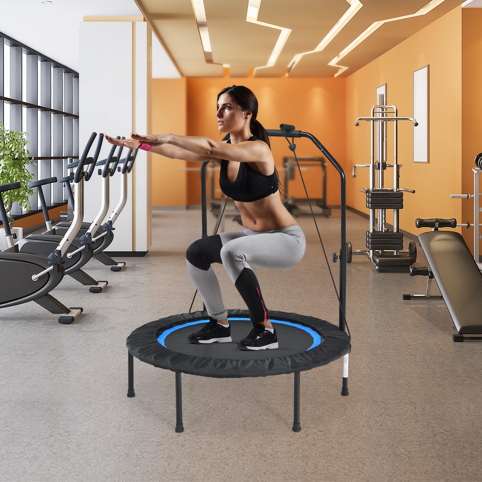 KOMFOTTEU Tappeto Elastico 2 in 1 Ø101 cm, Trampolino Elastico Fitness da Interno e Esterno con Manico Regolabile in Altezza e 2 Fasce di Resistenza, Mini Trampolino Pieghevole fino a 150 kg, Nero+Blu