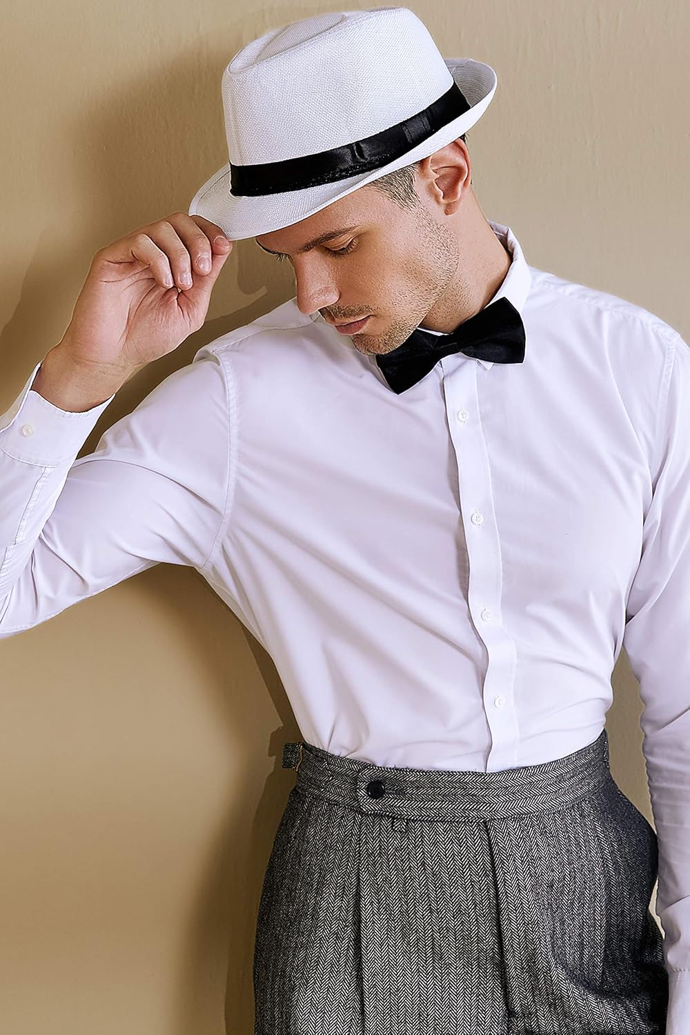 BABEYOND 1920s Panama Fedora Hat Cap for Men Gatsby Hat for Men 1920s Mens Gatsby Costume Accessories (White, Polyester) at  Men’s Clothing store