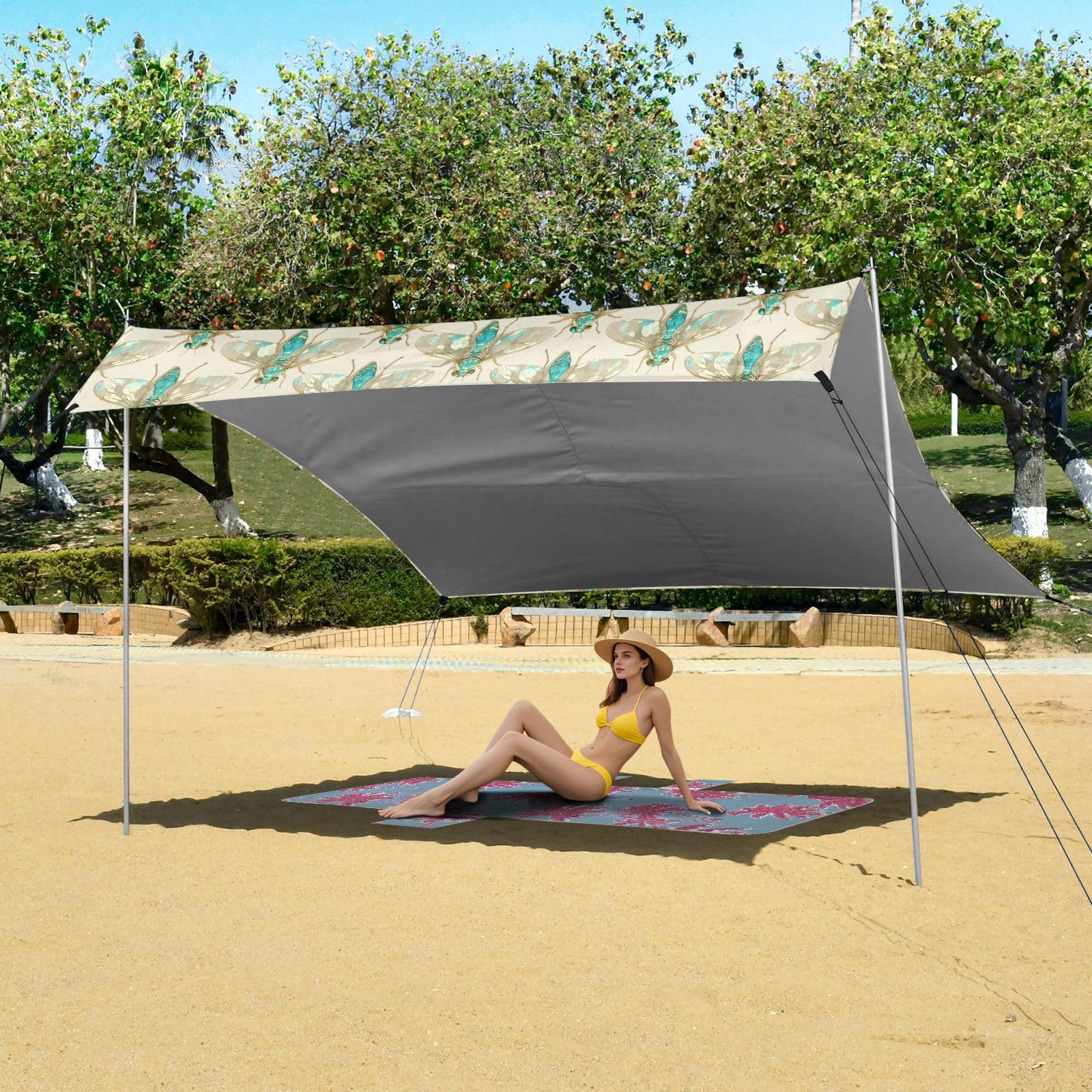 Grand pare-soleil bleu Cicada UPF50 facile à installer avec pelle à sable pour le camping, la pêche, le plaisir dans le jardin ou les pique-niques