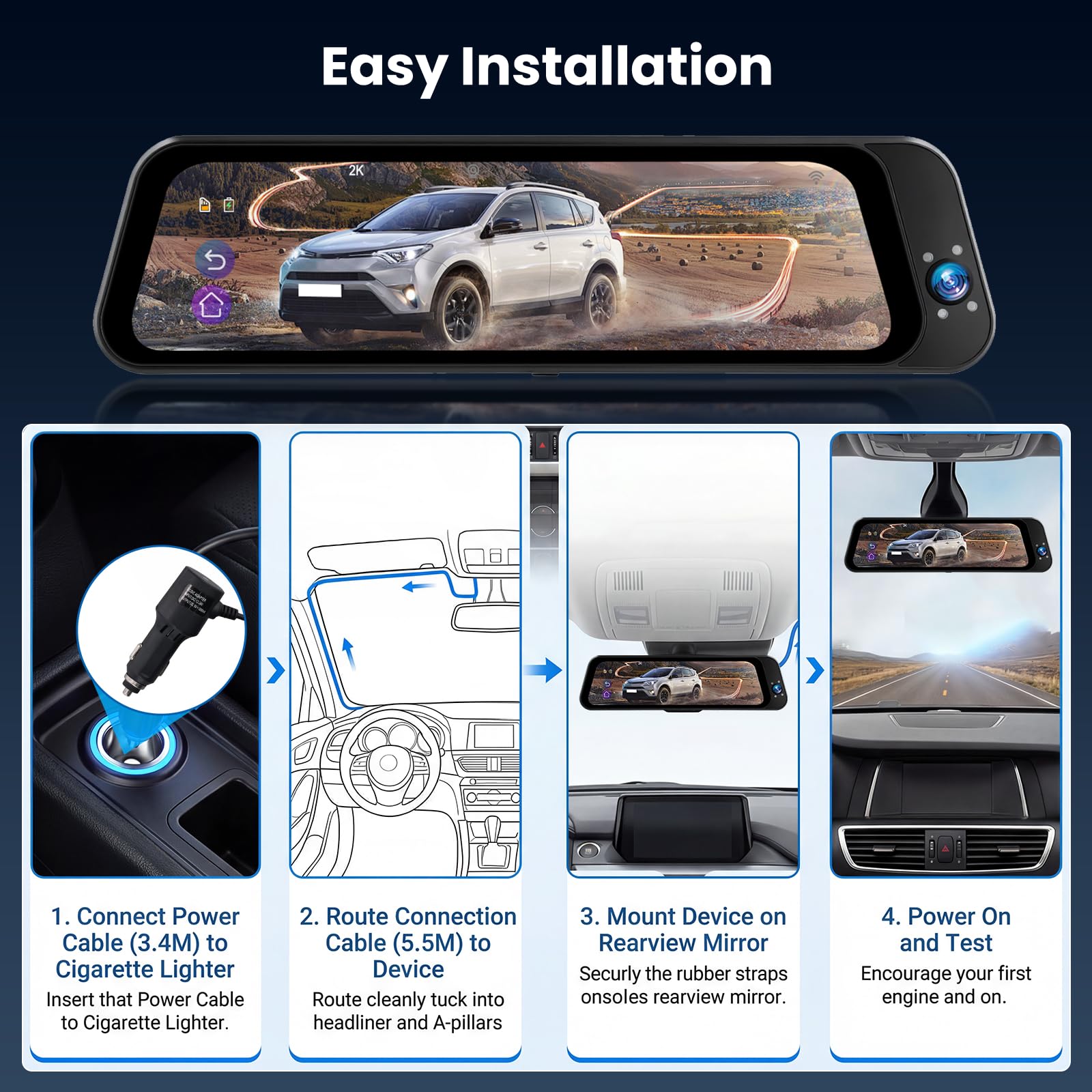 Specchio Retrovisore Auto 10 pollici Touchscreen, Posteriore e anteriore 2K Mirror Dash Cam Specchietto Retrovisore con Scheda 64 GB, Visione notturna grandangolare 150°, ADAS/GPS/G-Sensore