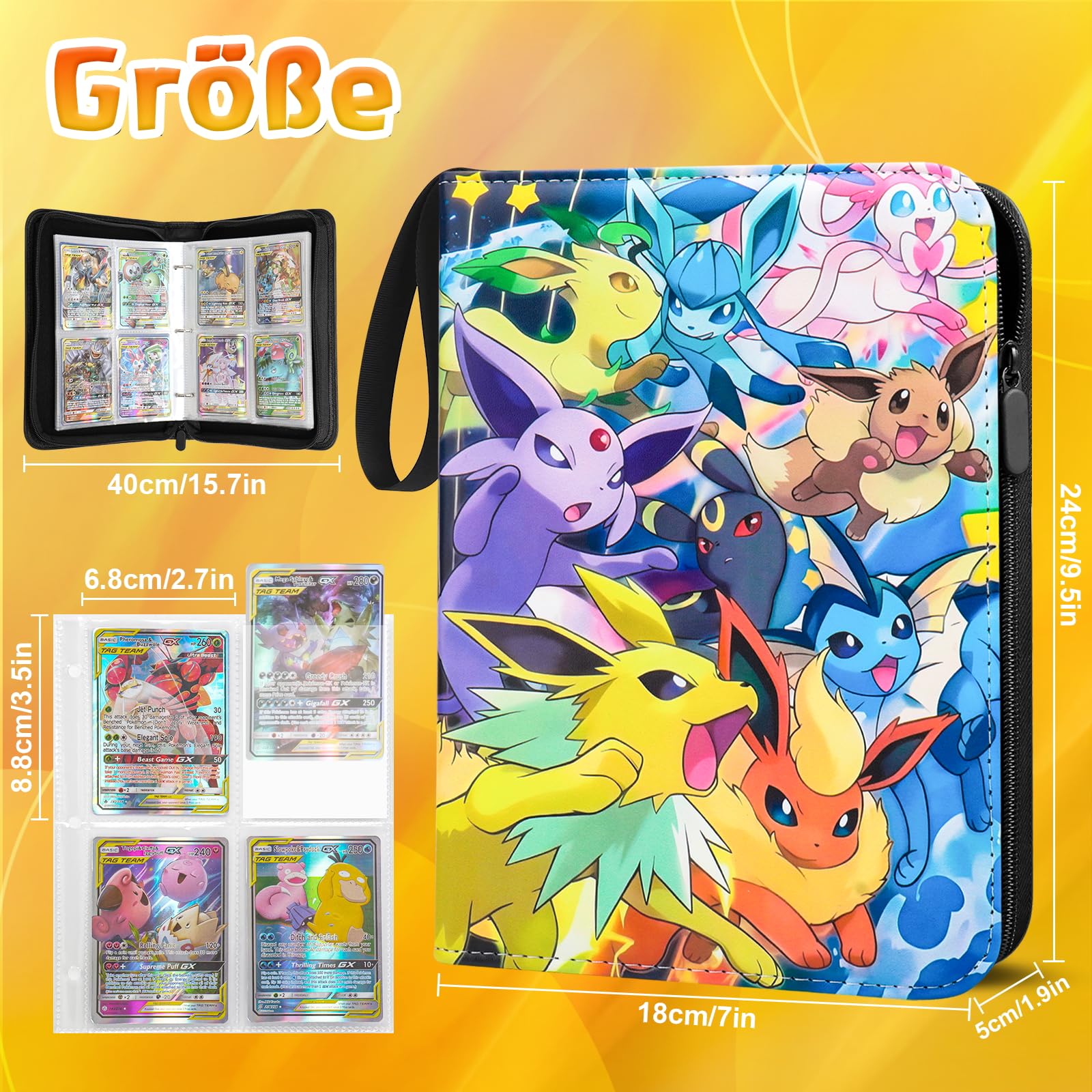 LYAILOOGXL Sammelalbum für Pokemon 4 fächer, Reißverschluss Sammelkarten Album Passt für 400 Karten mit 50 Abnehmbaren Hüllen, Sammelmappe Geschenk für Kinder Kartensammler - 3
