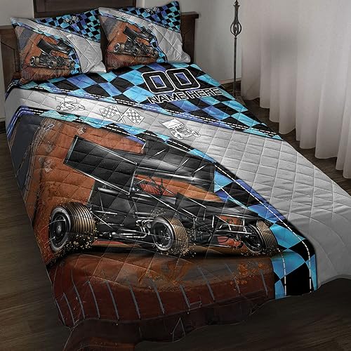 OhaPrints Juego de cama personalizado de carreras, manta y fundas de almohada con bandera de carreras de pista de tierra, nombre y número