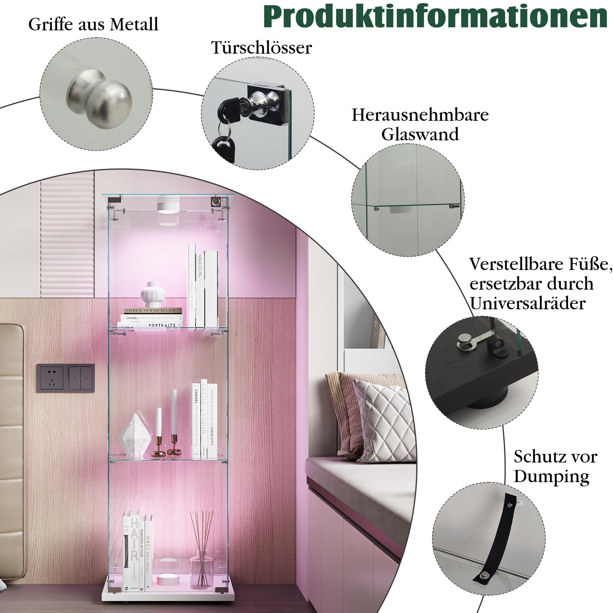 Glasvitrine Standvitrine mit LED, Glasvitrine Stehend mit 3 Lagen Glas, Vitrinenschrank 1 TüR & Schloss Vitrine Glasschrank für Wohnzimmer Büro Sammlerstücke