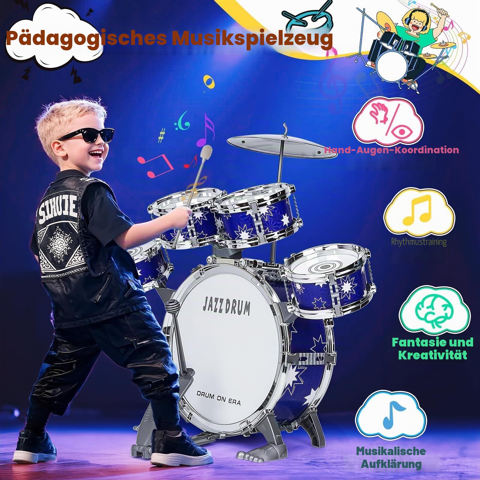 Upgrade Schlagzeug für Kinder 3-5 Kleinkind Spielzeug Alter 2-4 Jazz Drum Set mit Hocker Musikinstrument Spielzeug für 3 4 5 Jahre alte Mädchen Jungen Geschenke