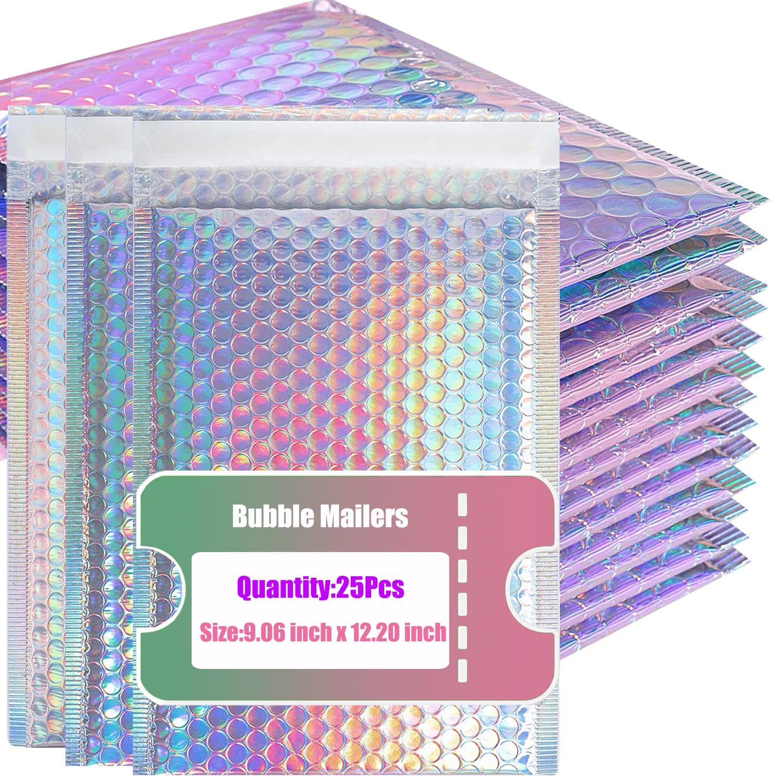 25 sobres holográficos de burbujas, sobres acolchados de polietileno de 8.5 x 12 pulgadas, sobres metálicos de burbujas, bolsas de envío impermeables, sobres acolchados autosellantes para