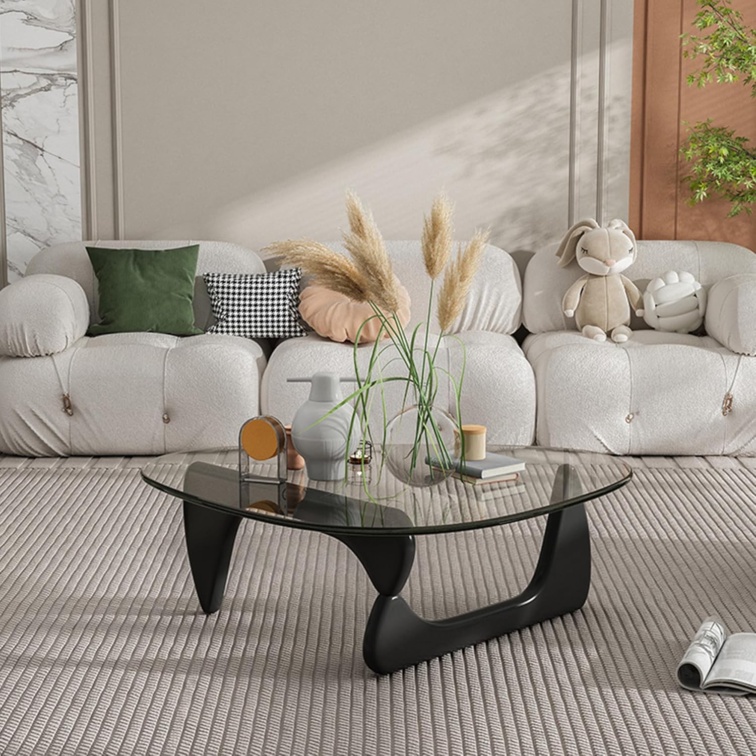 EASYSOUL Modern Glass Coffee Table, 32.68" D x 22.44" W x 15.75" H, Abstract Round Tea Tables for Living Room Home Office Industrial Cocktail Tables (Black-Clear Glass, 32.68")