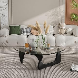 EASYSOUL Modern Oval Glass Coffee Table 32.68" x 22.44" Tempered Glass & Wood Base for Living Room Office Black Clear