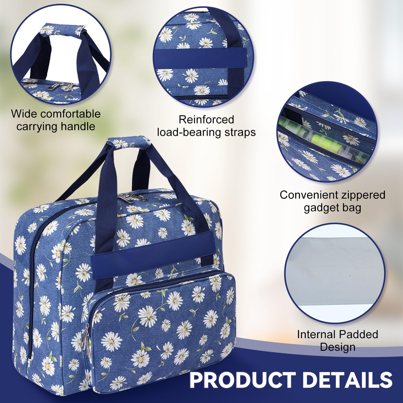 Bolsa Exclusiva para MáQuina De Coser, Maletas De Transporte para MáQuina De Coser, 43 X 32 X 21 Cm, Estuche De Transporte Impermeable para MáQuina De Coser con Bolsillos Y Asas (Azul Marino)