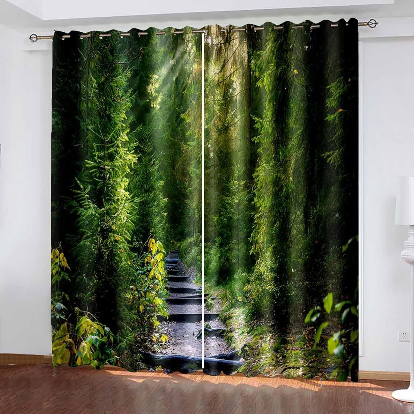 Verdunklungsvorhänge Schlafzimmer, Vorhänge Polyester Grün Baum und Pfad Gardine 2er Set B 214 x H 244 cm