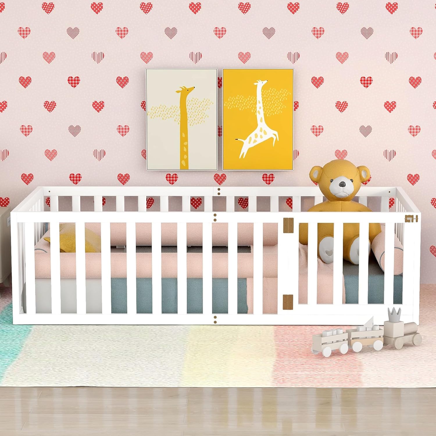 Twin Floor Bed with High Fence and Door, Wood Montessori Floor Bed with Rails, Cute Montessori Bed Twin Size, White