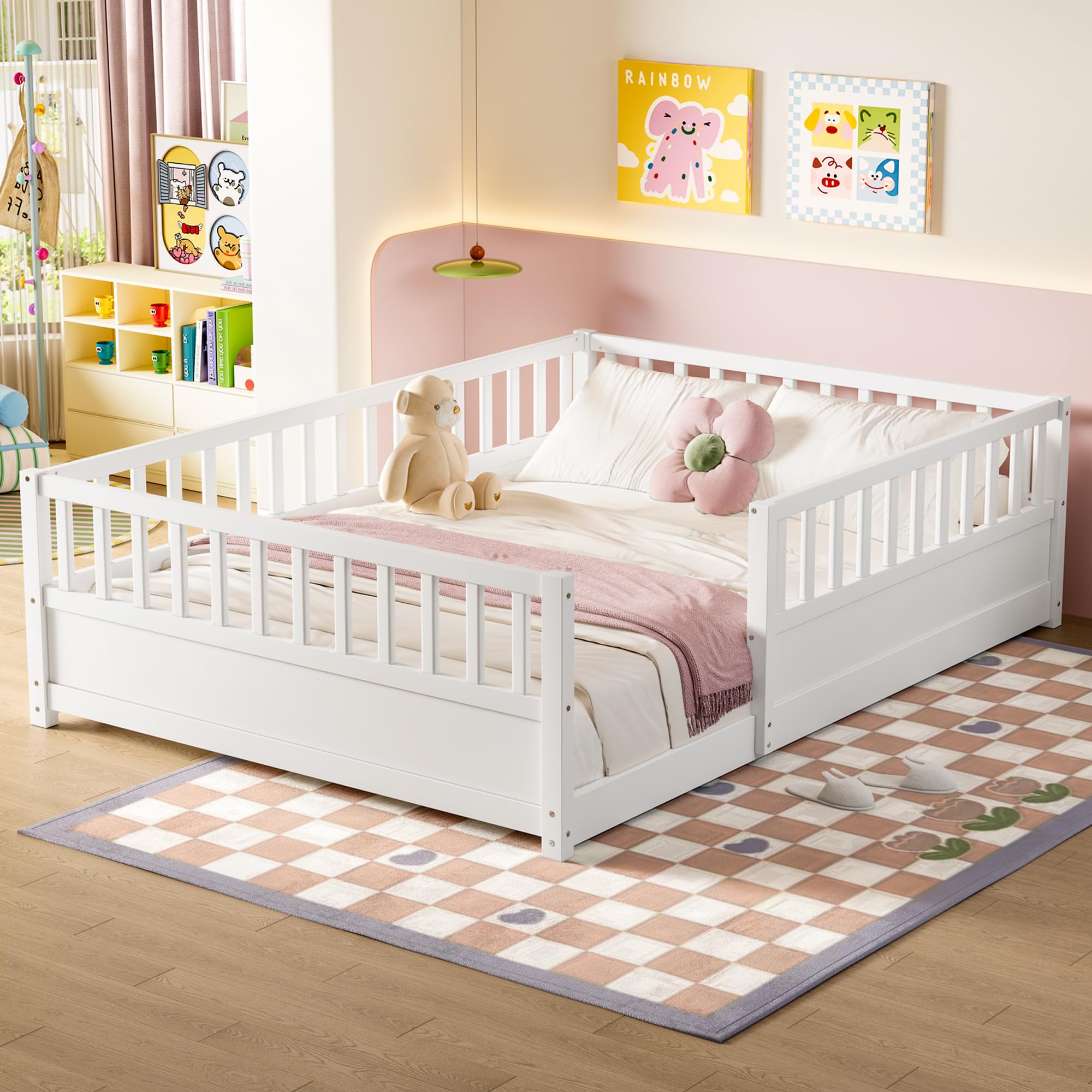 Bellemave Full Size Montessori Floor Bed with High Rails, High Rails Floor Bed with Slats and Fence, Easy Assemble Montessori Beds for Girls, Boys(