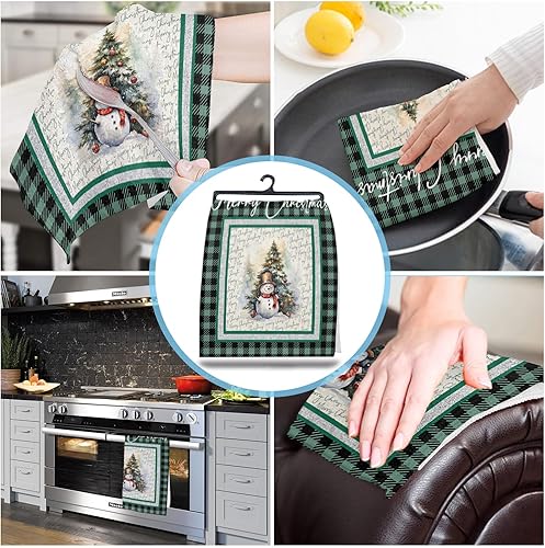 Miniatura 4 de Image Duvet 2 Pack Cotton Kitchen Dish Cloths Towels, Merry Christmas Snowflake Cute Snowman Buffalo Plaid Green 18 x28 Inch Soft Absorbent Kitchen