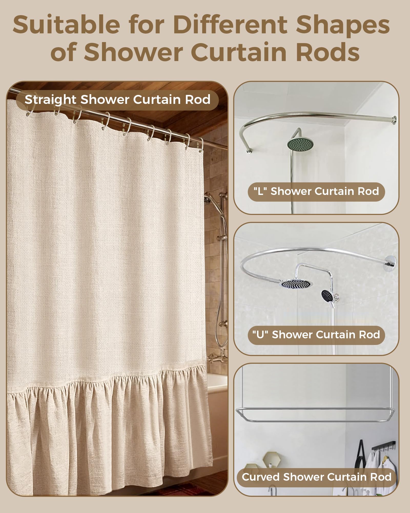 Tenda da Doccia in Lino Beige 180x200 cm – Impermeabile, Antimuffa e Antibatterica, Tessuto Pesante 180GSM con Orlo Zavorrato, Lavabile Tenda da doccia, con 12 Ganci per Bagno