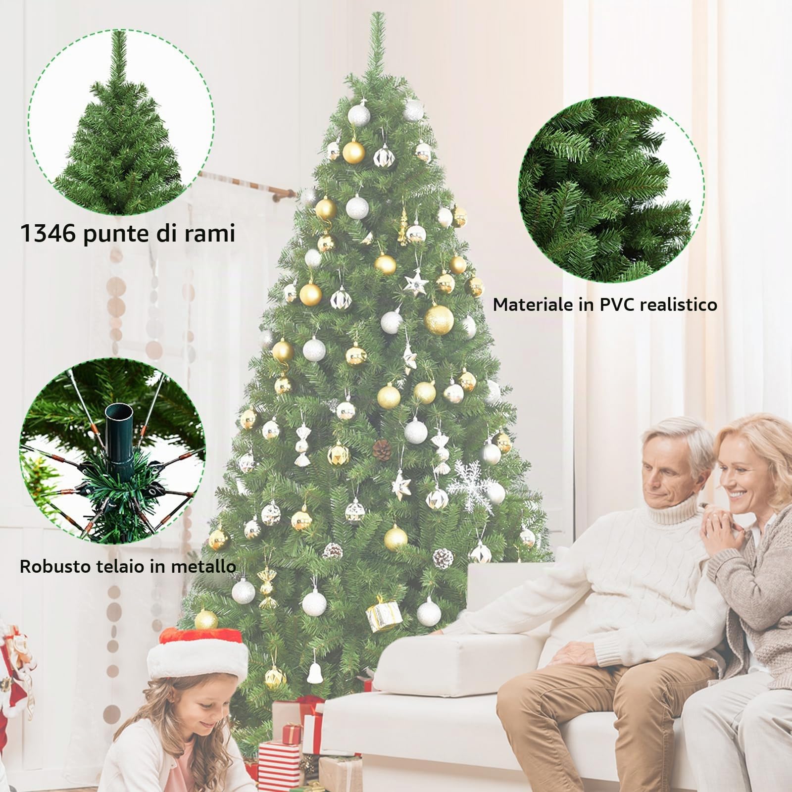KOMFOTTEU Albero di Natale Artificiale 150/180/210/230/270cm in PVC, Albero di Natale ad Apertura Automatica ad Ombrello con Base, Christmas Tree da Casa (230 cm, Verde II)