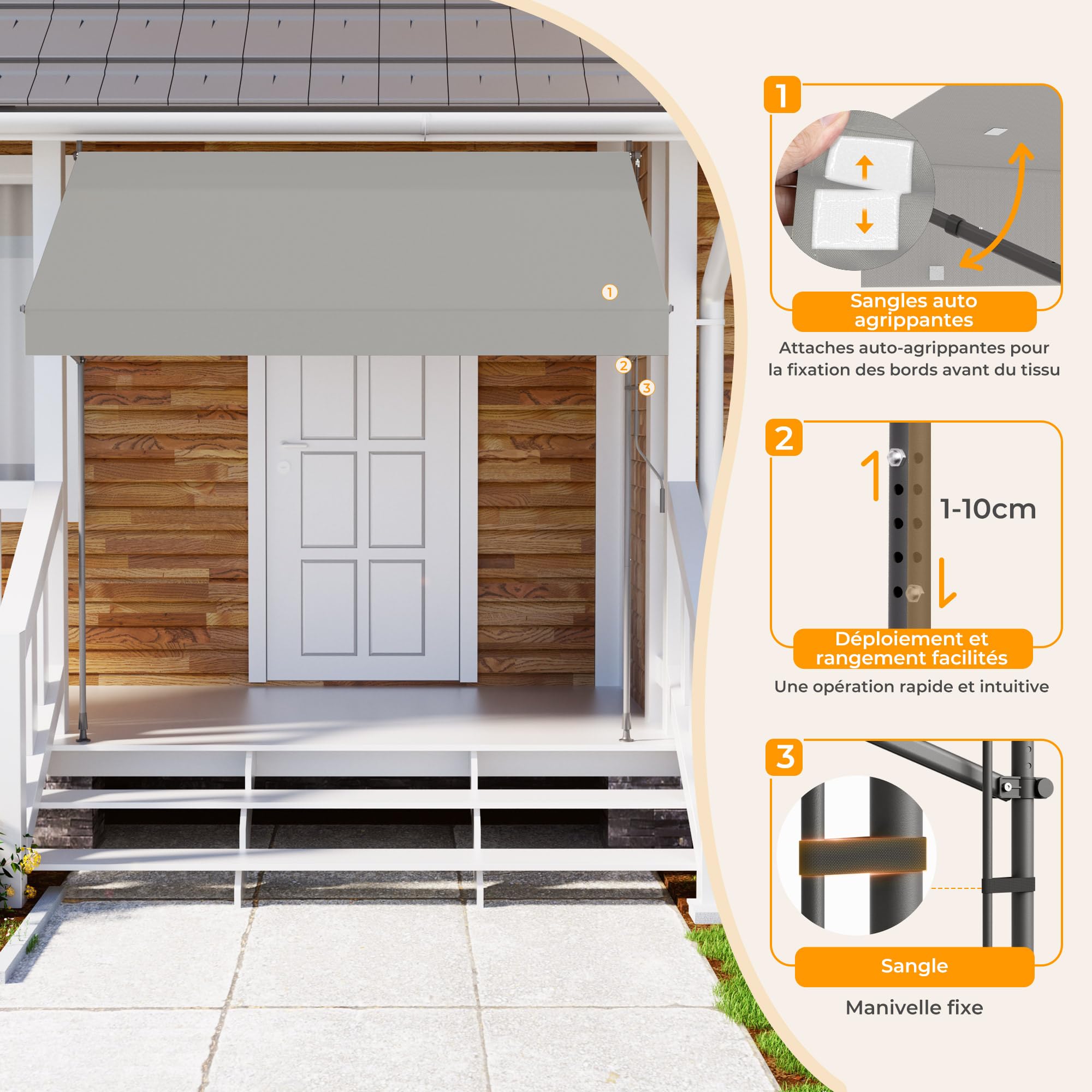HOMEDEMO Store Balcon Rétractable avec poignée réglable, Résistant aux UV, Auvent Manuel Rétractable, Store Banne Hauteur et Inclinaison Réglable, pour Jardin, Patio Gris250 x (120-150) cm