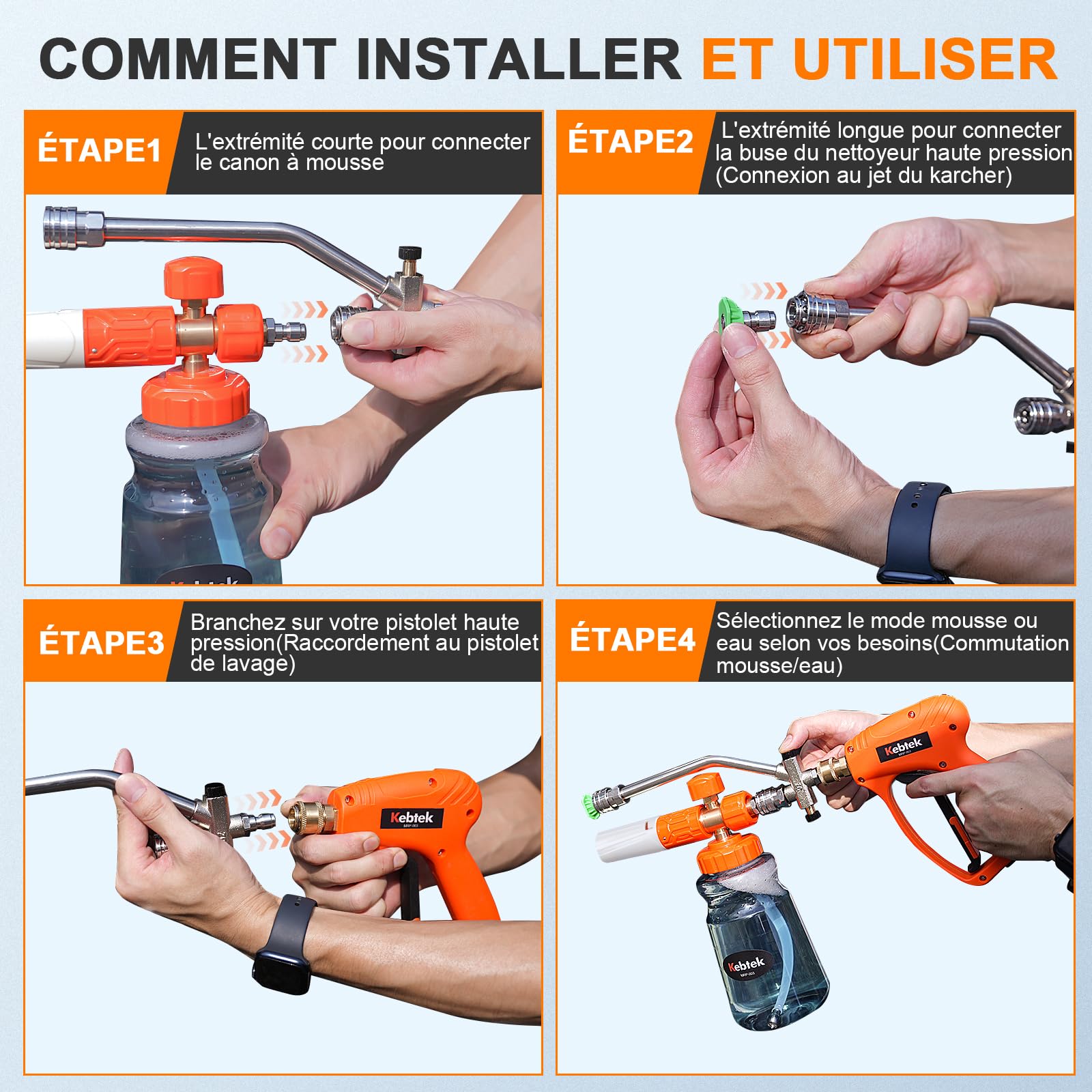Kebtek Pistolet Haute Pression avec Canon à Mousse Voiture et 5 Buse, Accessoire à Double Embout, Adaptateur Compatible avec Karcher K2-7