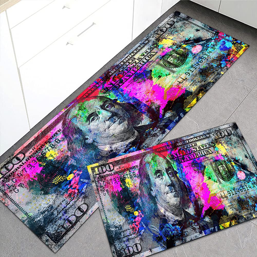 GUBIYU 2PCS Kitchen Rugs Sets Modern Kitchen Bath Rugs Runner Colorful US Dollar 100 Bill Bathroom Rugs Money Rug Door Mat Area Rug Carpet Floor Mat