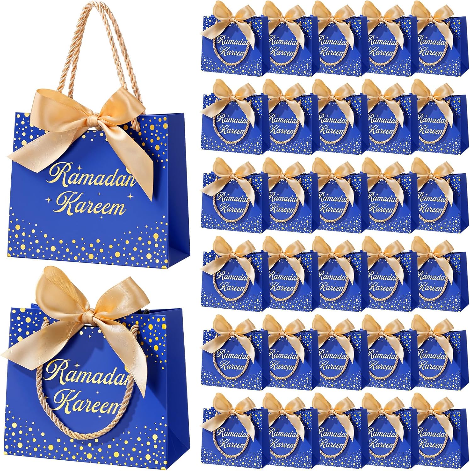 Glenmal 30 Pcs 5.51x2.36x4.72'' Ramadan Gift Bags Ramadan Mubarak Blue Paper Party Bags Eid Mubarak Treat Goodie Bag with Handle and Ribbon for Ramadans Kareem Eid Mubarak's Party Supplies