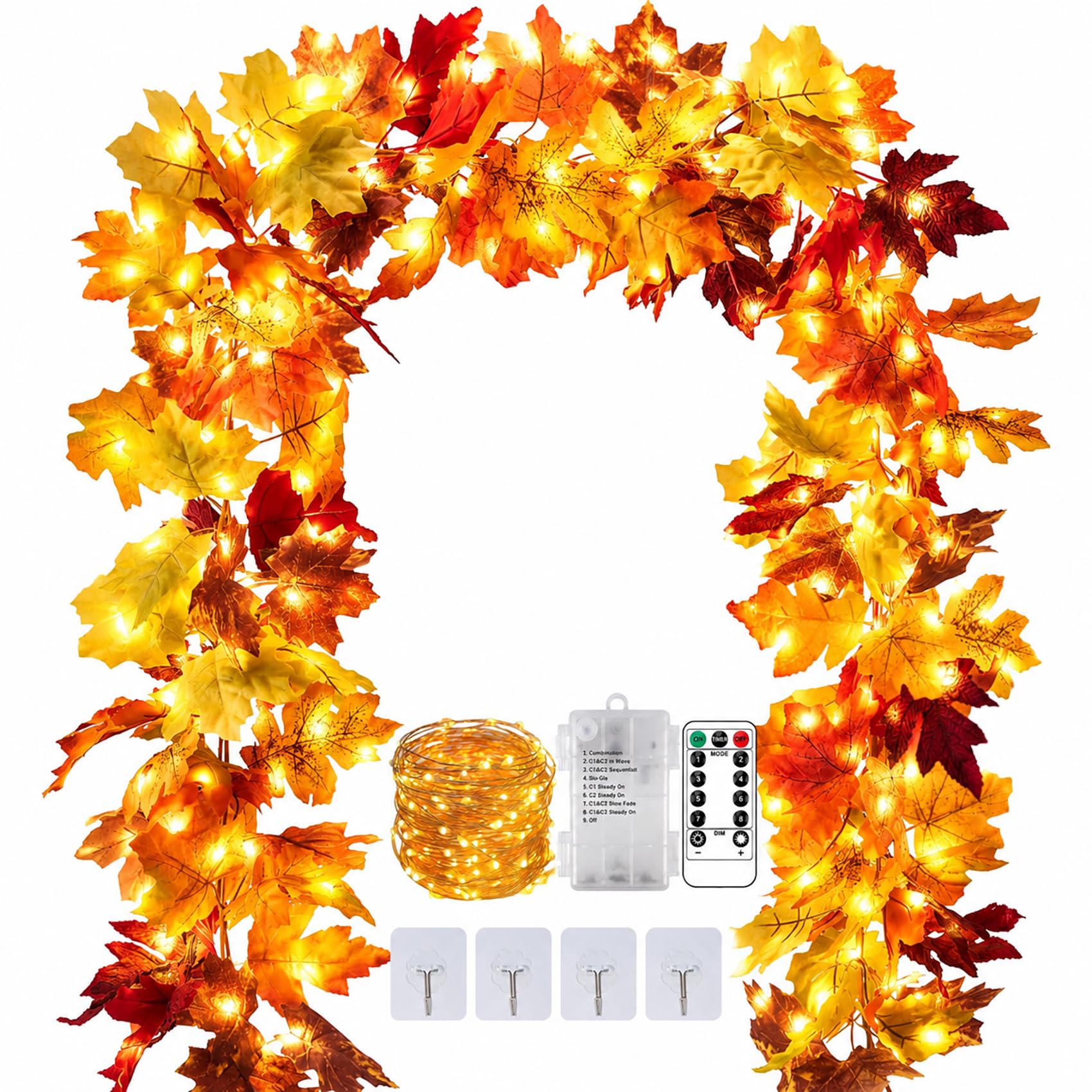 Pack of 2 Autumn Garland Maple Leaves with 100 LED Lights-176 cm/Piece Autumn Leaves Garland Autumn Garland for Indoor and Outdoor Use Wedding Thanksgiving Dinner Party Fireplace Christmas Decoration