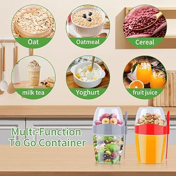 875ML Reusable Overnight Oats Container with Lid, 2 Pcs Yogurt Pots with Lids, On The Go Breakfast Cereal Yogurt Cups Containers with Fork Spoon for Salads Fruit Granola Cereal Milk Porridge