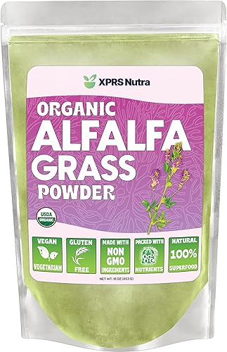 XPRS Nutra Polvo de alfalfa orgánica Suplemento de alfalfa vegana premium rico en calcio, antioxidantes, vitaminas, suplemento de alfalfa