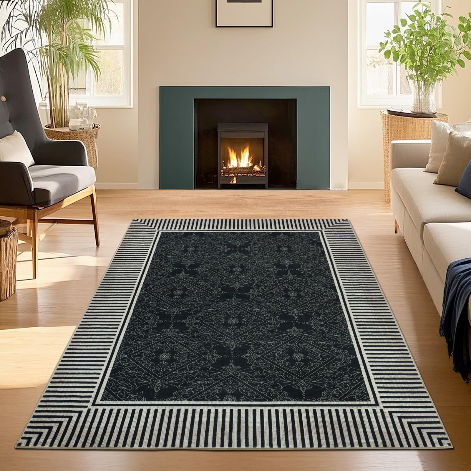 Geanup Striped Area Rugs for Living Room 120×180cm, Black Modern Washable Bedroom Rug