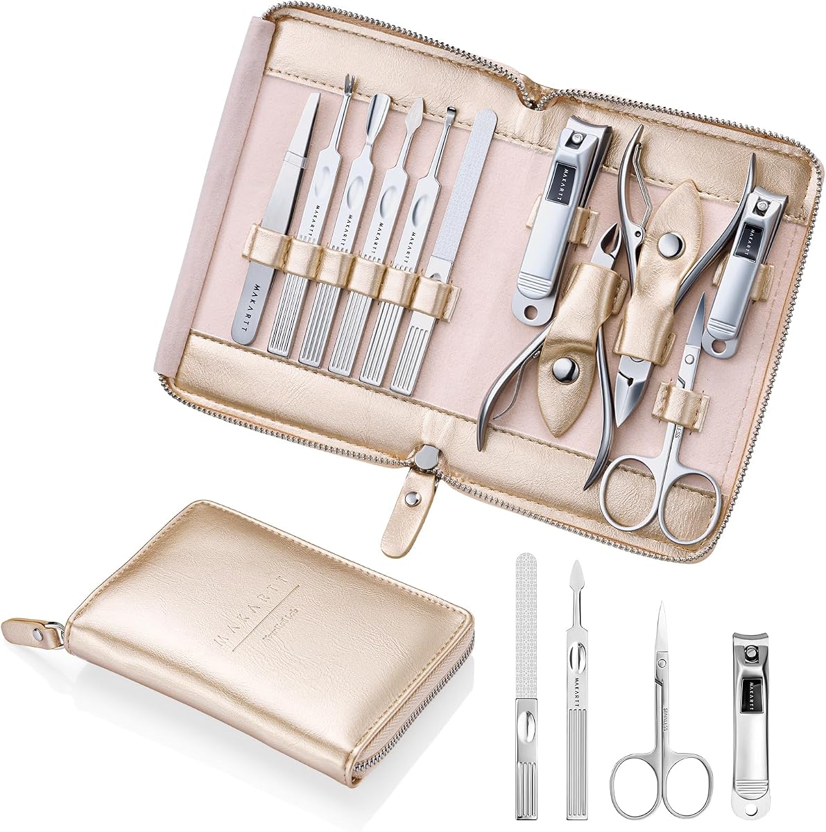 Kit de manicura de acero inoxidable 11P con estuche de cuero rosa dorado