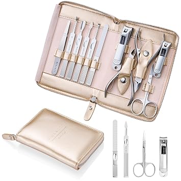 Makartt 11P Stainless Steel Manicure Kit with Rosy Gold Leather Case