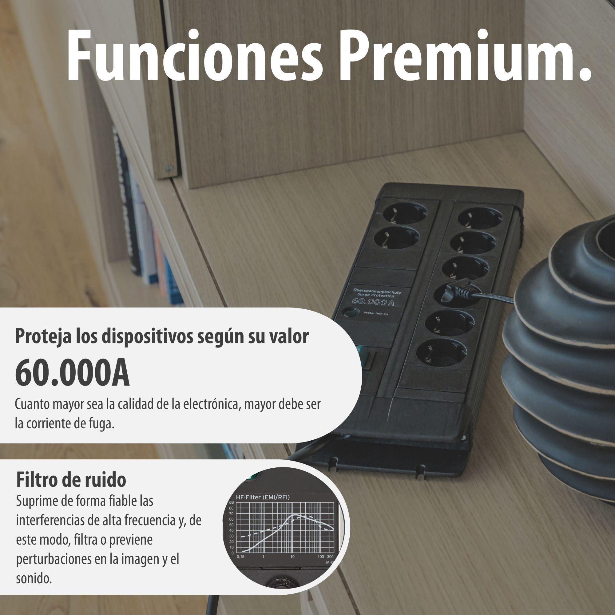 Brennenstuhl Premium-Line Duo regleta enchufes de 8 Tomas con protección contra sobretensiones (Cable de 3 m, Interruptor, protección hasta 60.000 A, Fabricado en Alemania) Negro
