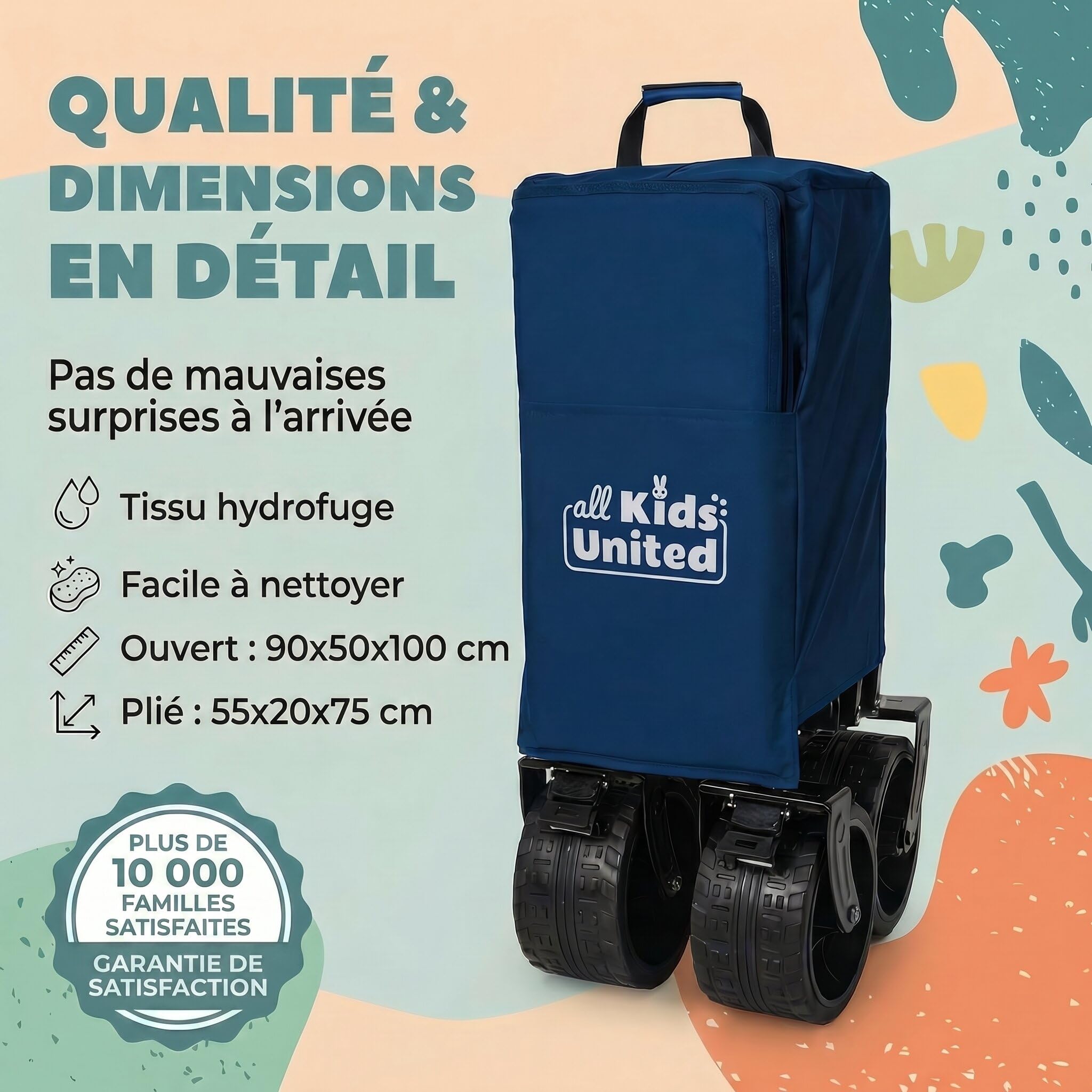 Chariot à Main de Transport Pliable; Buggy de Plage jusqu'à 90 L et 150 kg ; Roues XXL avec Frein ; Chariot de Camping pour Le Jardin et l'extérieur ; poignée réglable (Bleu)