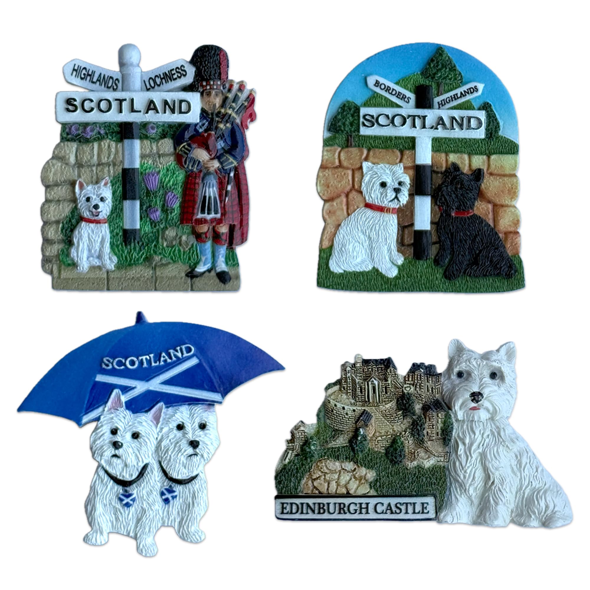 Lilaj Scotland Fridge Magnet Handcrafted Resin Souvenirs Featuring Edinburgh Castle, Scottie And Westie Dog, Highland Scots Piper Saltire Flag & Thistle Scottish Heritage Travel Gift Home Décor Set-4