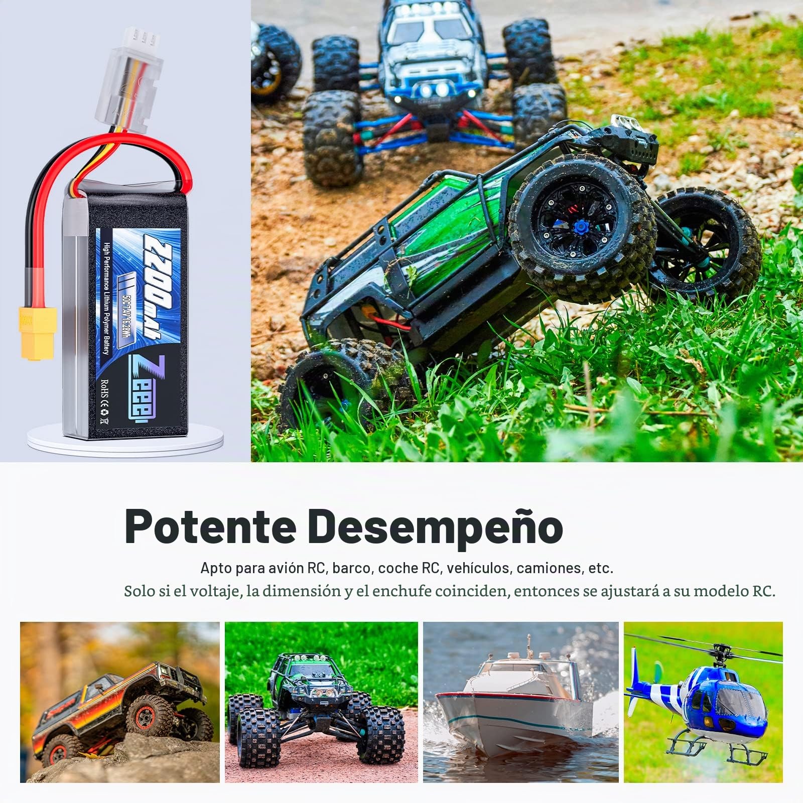 Zeee 2S Lipo Batería 50C 2200mAh 7.4V Batería Corta con Enchufe XT60 para 1/16 Slash RC Car RC Truck RC Helicóptero Avión Quadcopter Drone RC Boat Racing Models (2 Paquetes)
