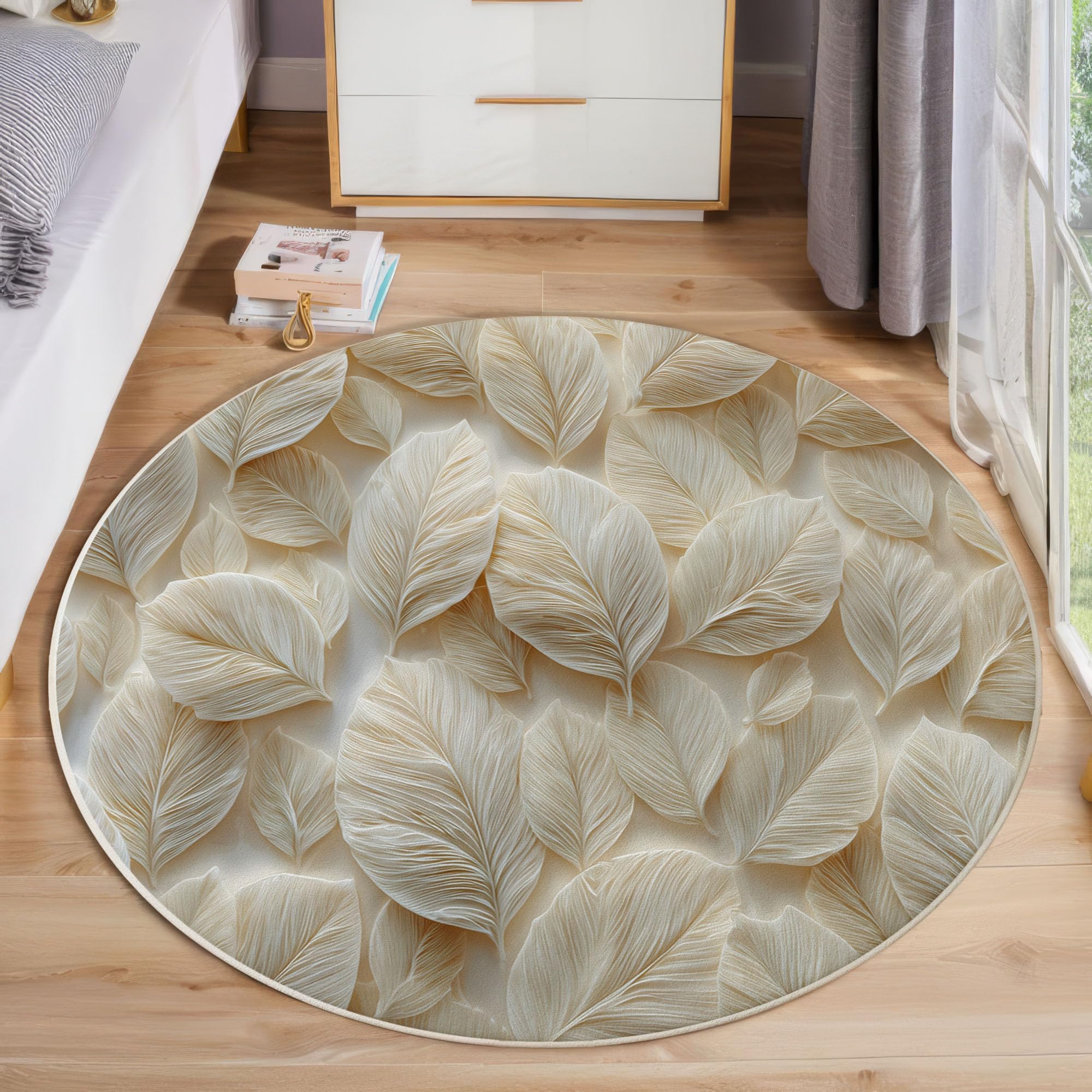 Tapis rond relief feuilles 3D beige chic et doux pour un salon élégant
