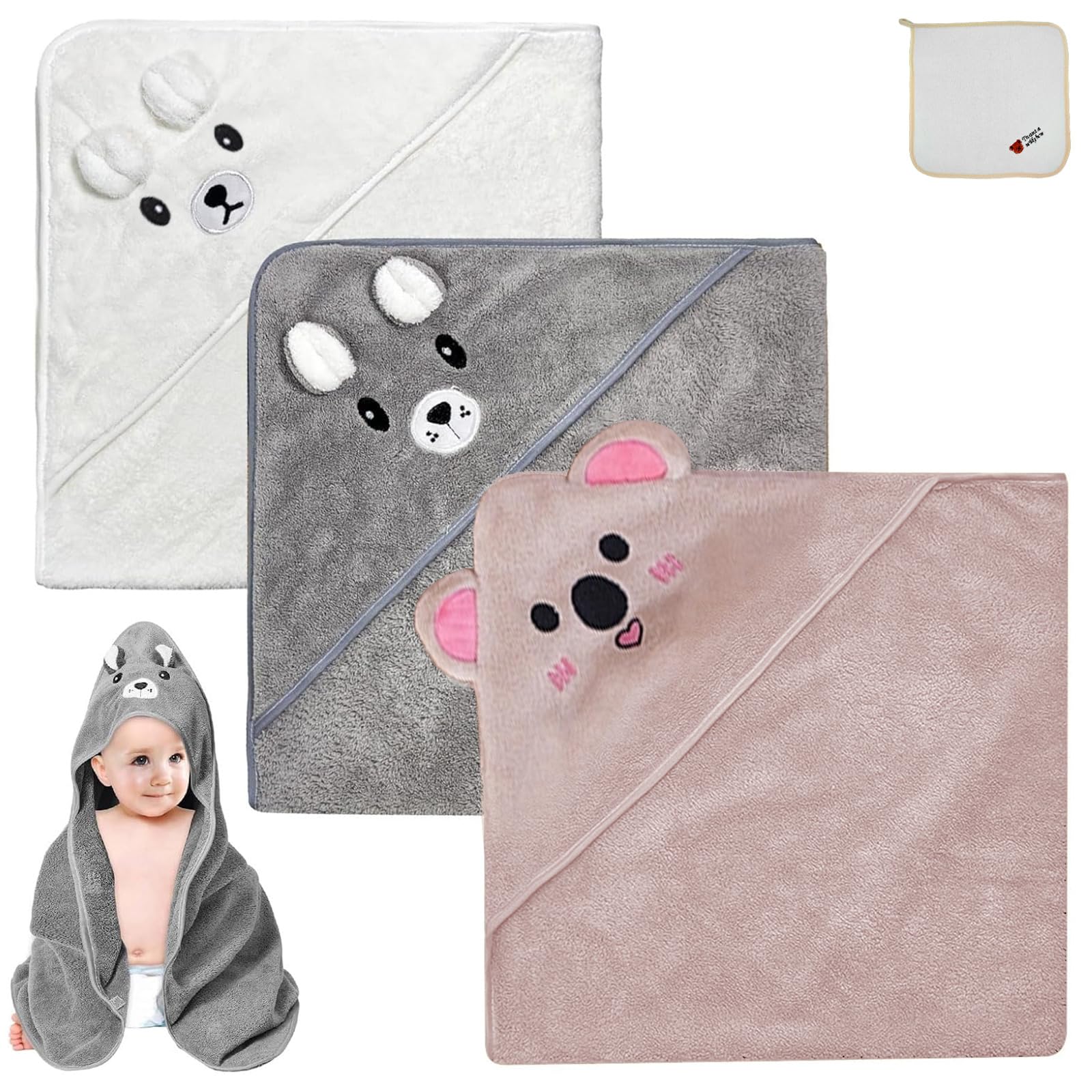 JTOOYS 3 Stücke Kapuzenhandtuch Baby - 80 x 80cm Baby Handtuch Kapuze Niedliches Handtücher mit Kapuze Kapuzenhandtuch Babys Weich & Super Saugfähig für Babys Neugeborene Kinds Handtücher