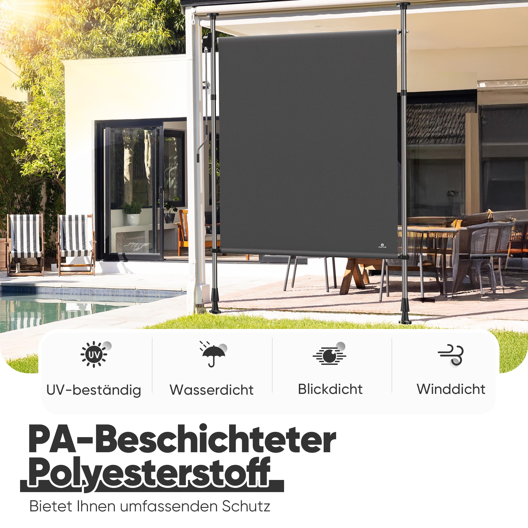 Roleta pionowa, wysuwana, 100 x 310 cm, z regulacją wysokości, roleta balkonowa, na zewnątrz, ochrona przed promieniowaniem UV, z korbą i kasetą wiatrową, na balkon, taras, patio, do ogrodu