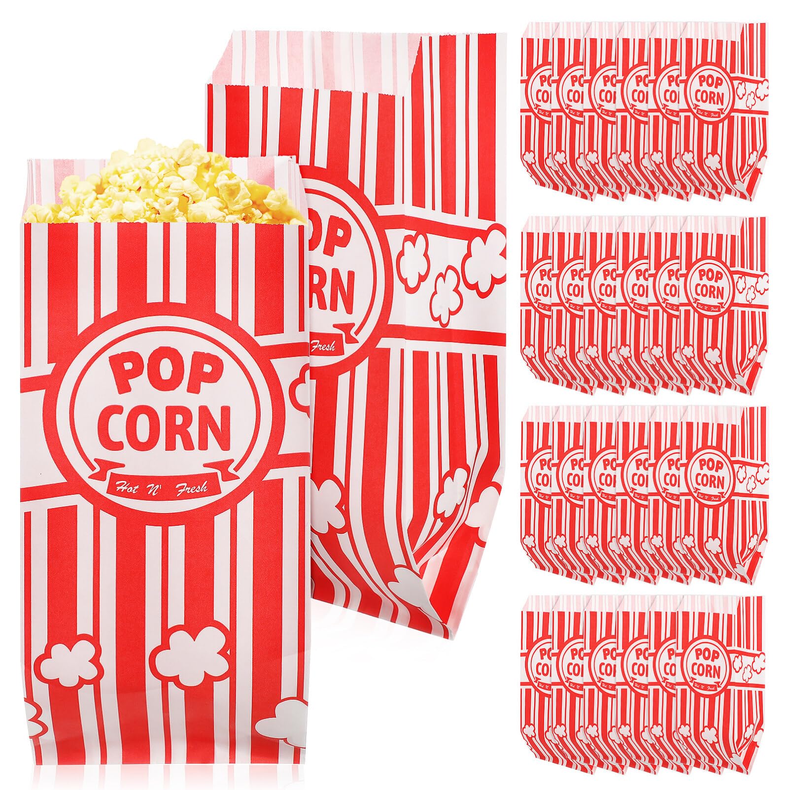 PartyKindom 100pcs Popcorn Bags: Striped Paper Popcorn Bags Individual Servings Candy Containers Servings Popcorn Containers For Party Events Movie Night Supplies