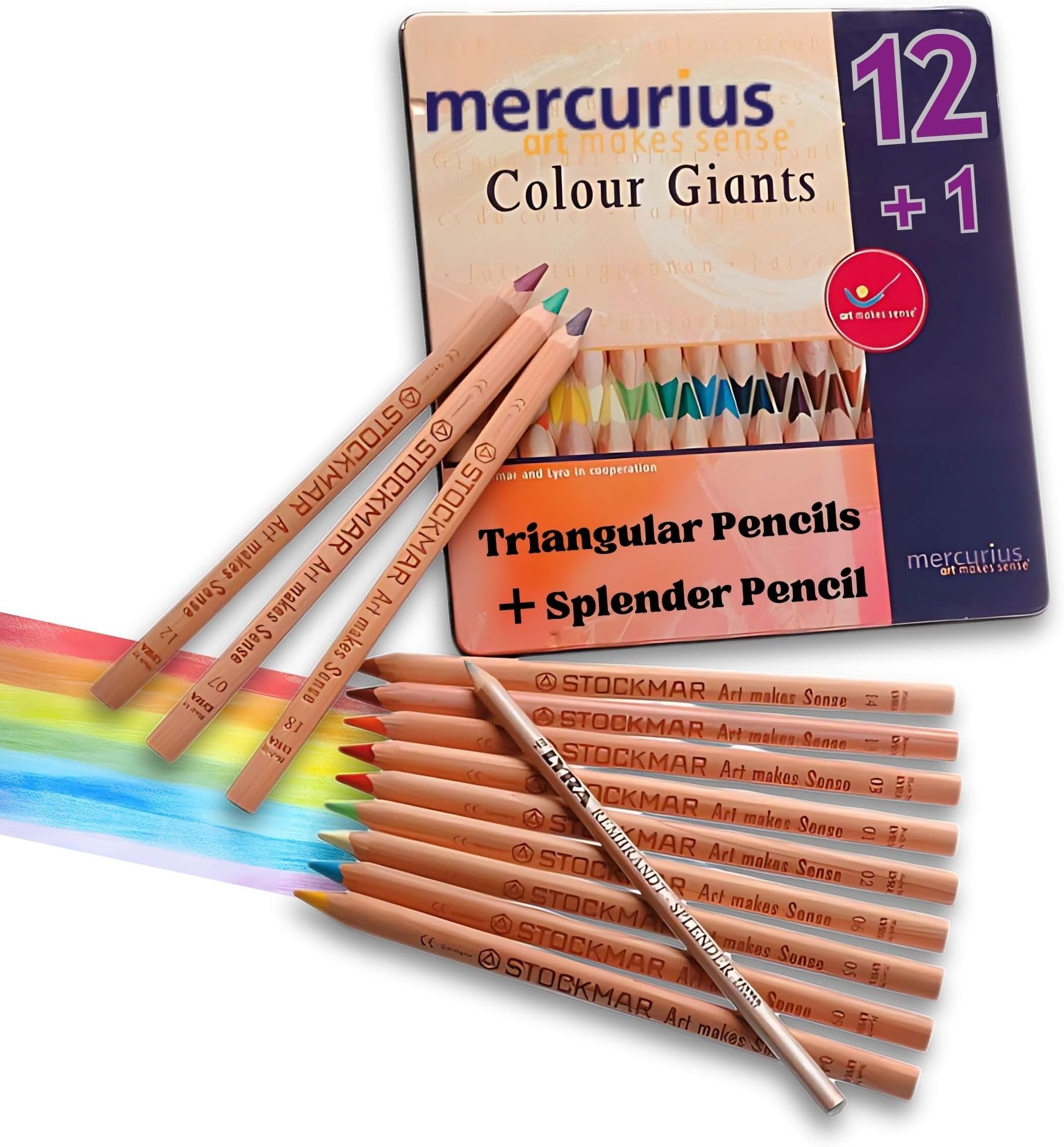 Mercurius AMS Color Giant Pencils, Set of 12 in Tin Case, Triangular Colored Wooden Pencils, Waldorf Art Supplies