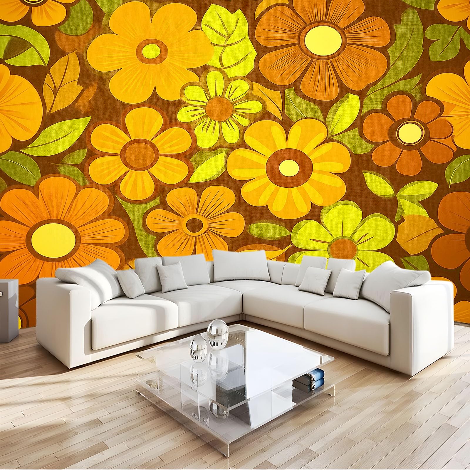 Générique Panoramiczna tapeta 200 x 140 cm boho kwiatowy moda włóknina XXL fototapeta gobelin fototapeta salon sypialnia - tapeta Trompe l'eil efekt 3D, żółta