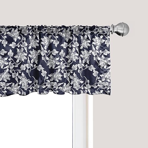 Ambesonne Cenefa de ventana azul marino, arreglo floral, patrón de follaje botánico, composición japonesa, cenefa de cortina para decoración de