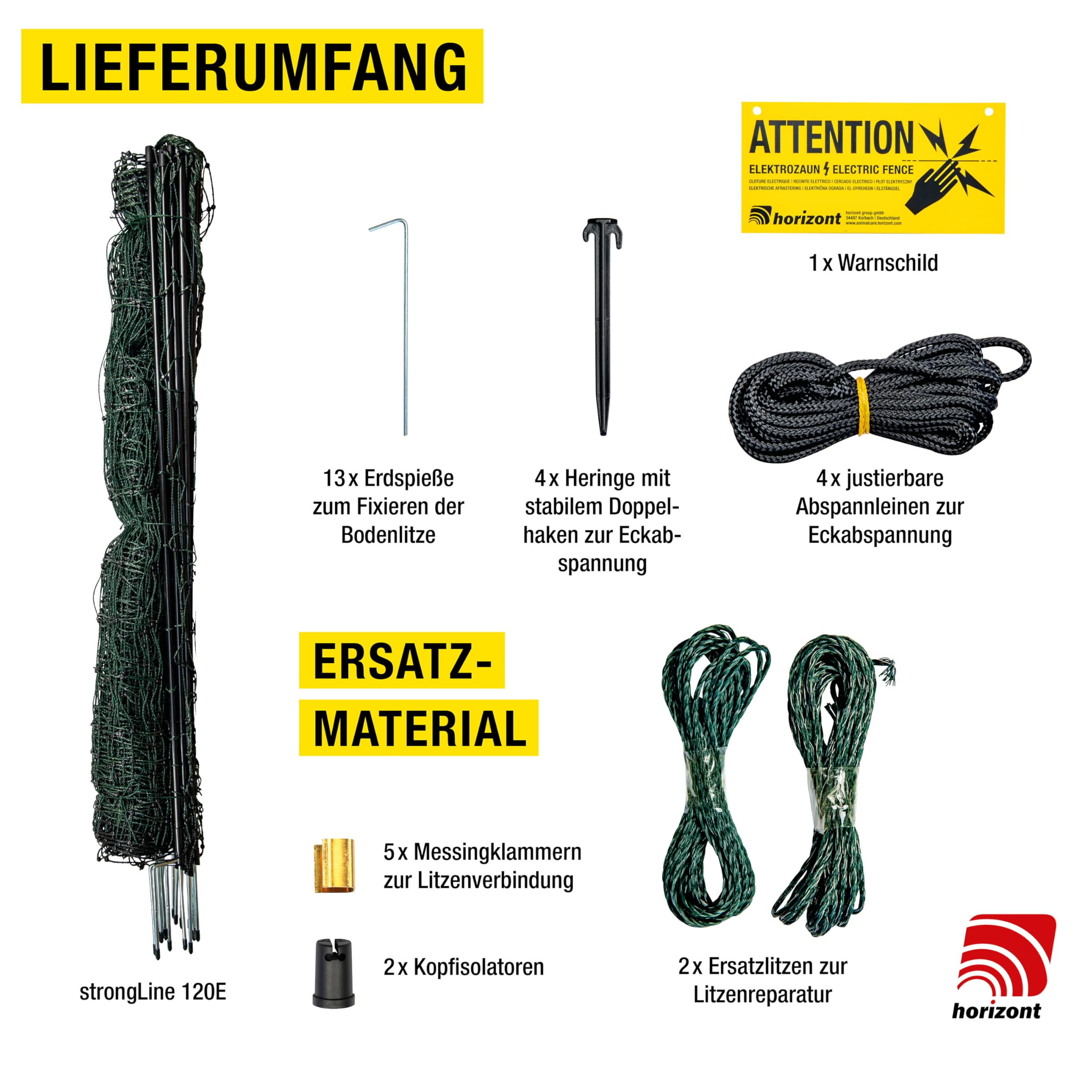 horizont strongLine Hundezaun 25m lang, 120cm hoch - 9 Fiberglaspfähle mit Doppelspitze - elektrifizierbar, Hundezaun Camping, mobiler Zaun für den Garten
