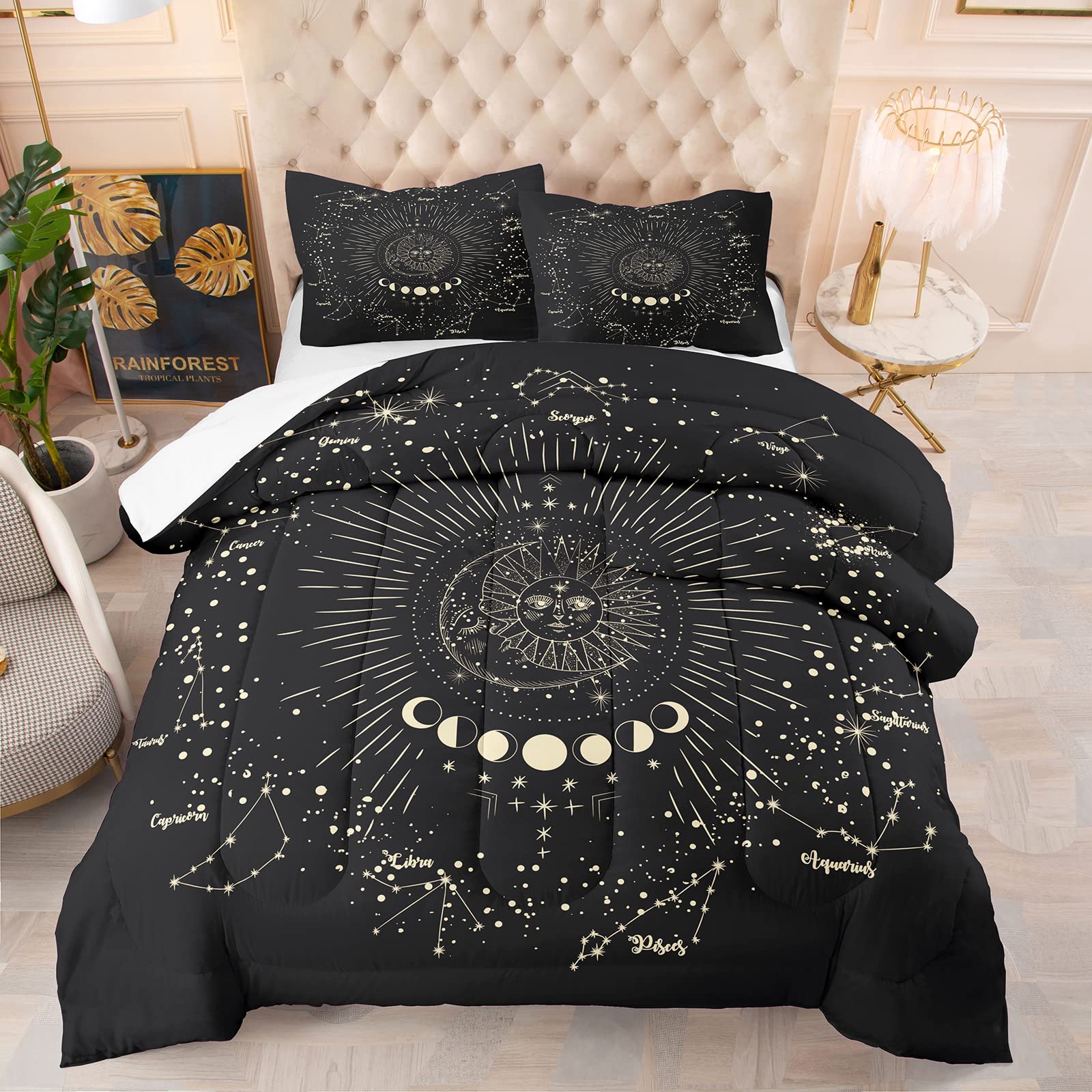 Tailor Shop Sun and Moon Bedding Set Full for Girls Boys Kids Teens Bedroom Decor, 3D Print Boho Exotic Black Gray Comforter Set Full Bedding with 2 Matching Pillowcases