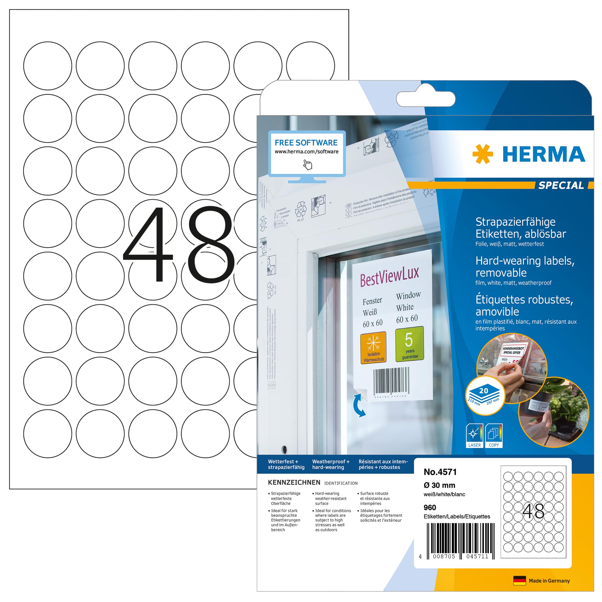 HERMA 4571 Wetterfeste Folienetiketten ablösbar rund, 20 Blatt, Ø 30 mm, 48 pro A4 Bogen, 960 Stück, selbstklebend, bedruckbar, matt, blanko Klebeetiketten Aufkleber aus Folie, weiß
