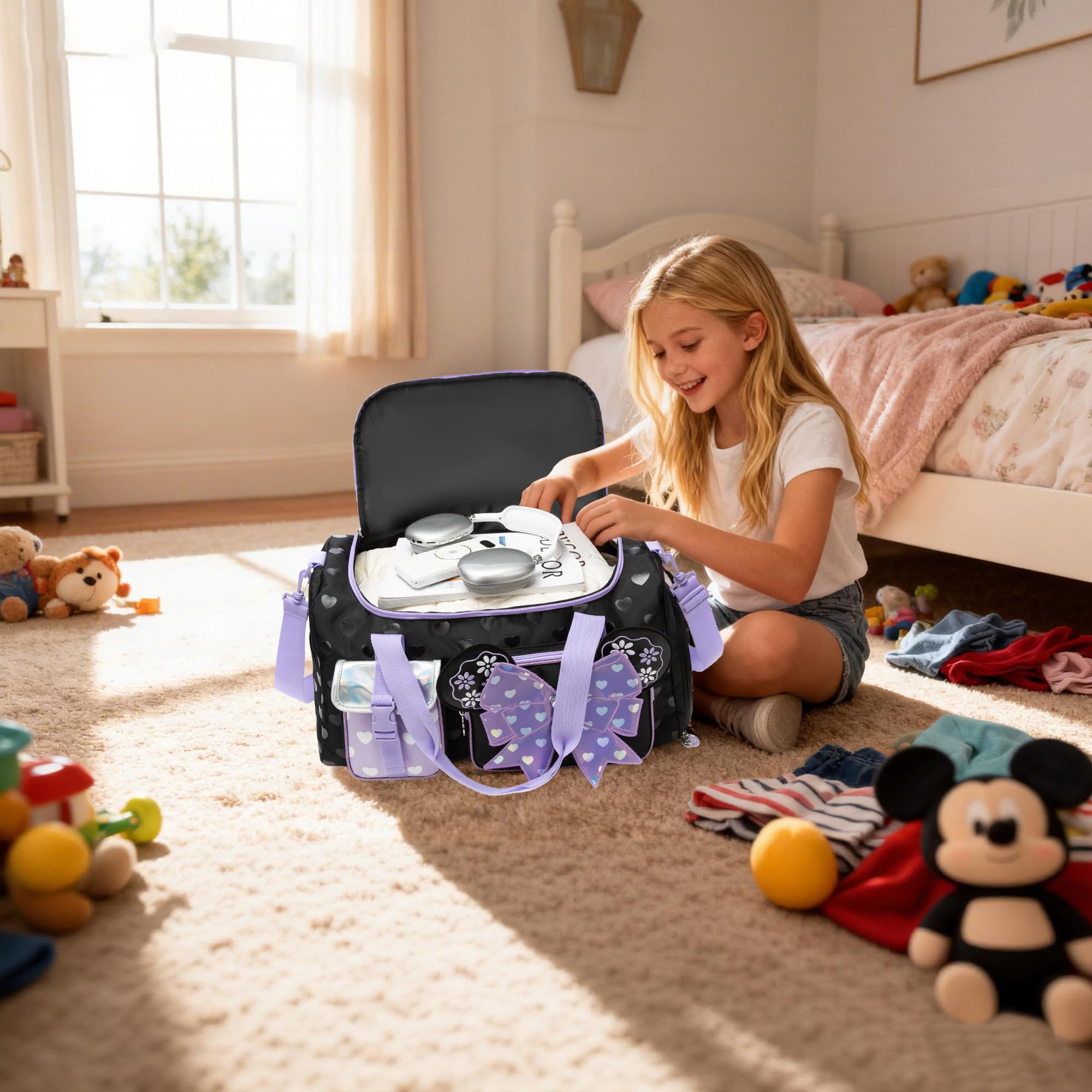 Sac de Danse & Sport Fille (Nœud) – Sac de Voyage Enfant avec Compartiment à Chaussures – Grand Sac Week-End pour Piscine & Soirée Pyjama (Violet)