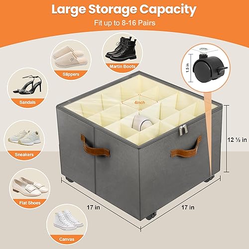 Miniatura 3 de Organizador de zapatos para armario, paquete de 2 organizadores de almacenamiento de zapatos con ruedas y divisores ajustables, caja de