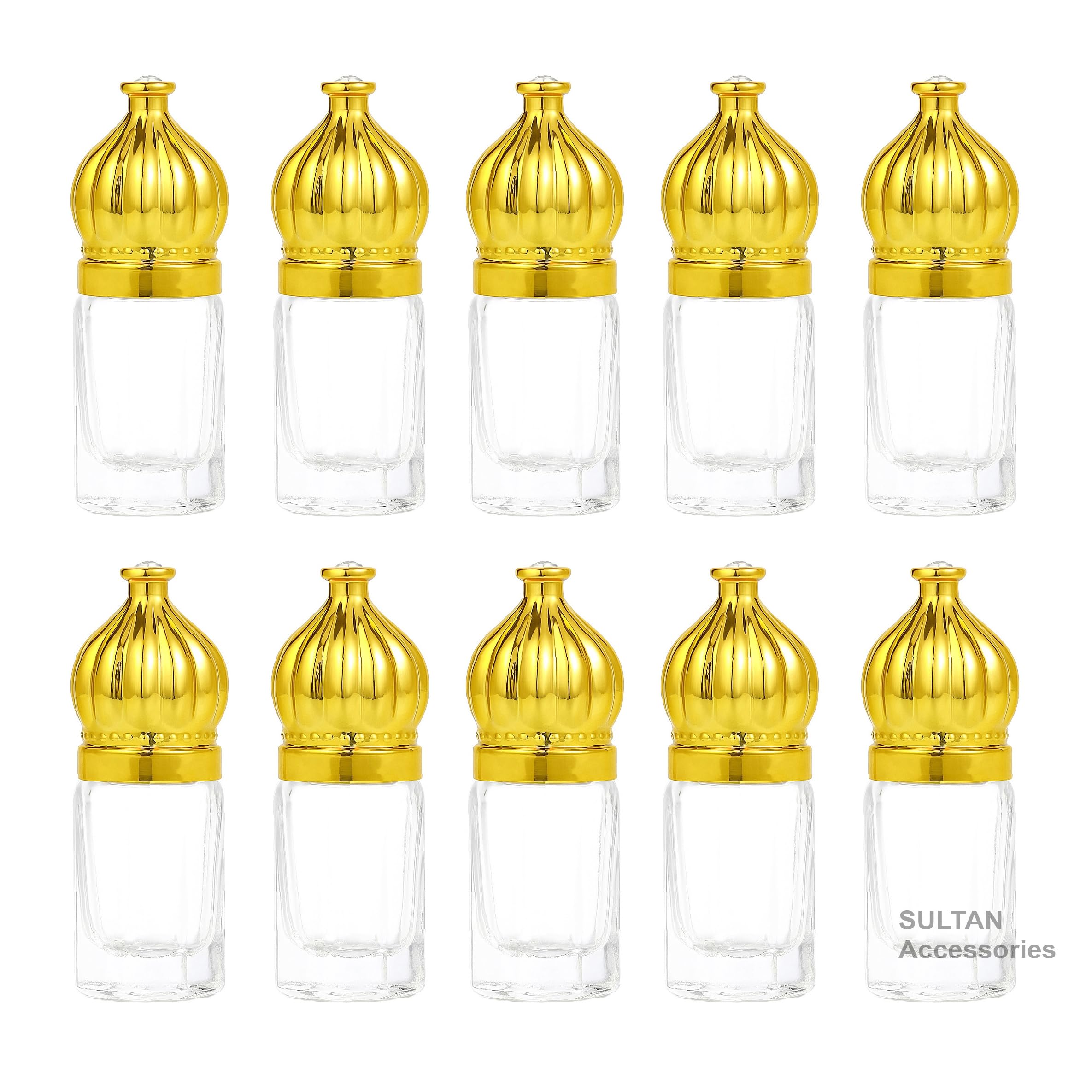 SULTAN Accessories 10Pcs (3ml) Fancy Empty Attar Bottle Roll On with Tomb Design Golden Cap, Transparent Empty Glass Antique Perfume Essential Oil Attar Bottles-image-19